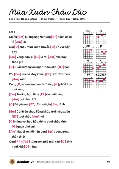 Hợp âm Mùa Xuân Châu Đức (Mắt Ngọc) – bản nhạc PDF trang 1, tông Em