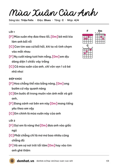 Hợp âm Mùa Xuân Của Anh (Triệu Felix) – bản nhạc PDF trang 1, tông C