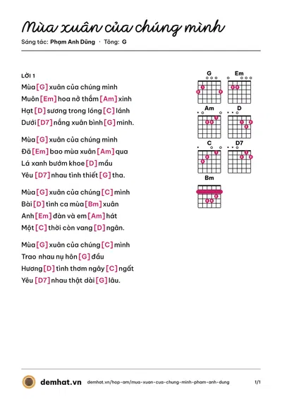 Hợp âm Mùa xuân của chúng mình (Xuân Thành) – bản nhạc PDF trang 1, tông G