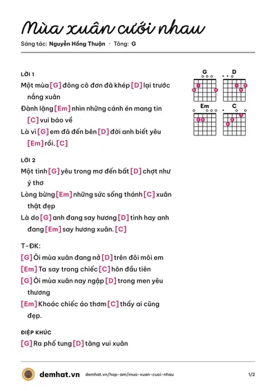 Hợp âm Mùa xuân cưới nhau (Nguyễn Hồng Thuận) – bản nhạc PDF trang 1, tông G