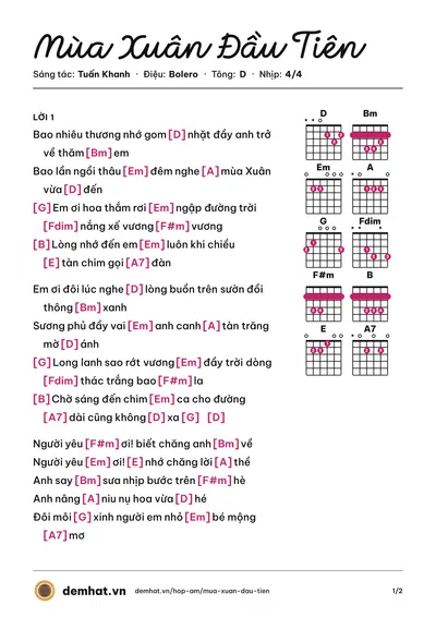 Hợp âm Mùa Xuân Đầu Tiên (Thế Sơn) – bản nhạc PDF trang 1, tông D