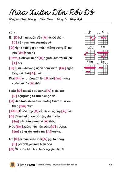 Hợp âm Mùa Xuân Đến Rồi Đó (Trọng Tấn) – bản nhạc PDF trang 1, tông D