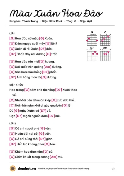 Hợp âm Mùa Xuân Hoa Đào (Hồng Tước) – bản nhạc PDF trang 1, tông G