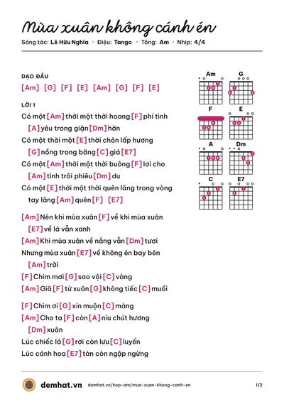 Hợp âm Mùa xuân không cánh én (Uyên Vy) – bản nhạc PDF trang 1, tông Am