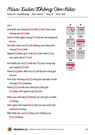 Hợp âm Mùa Xuân Không Còn Nữa (Anh Khang) – bản nhạc PDF trang 1, tông D