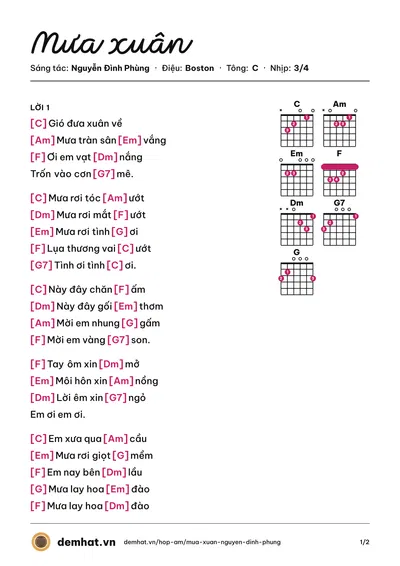 Hợp âm Mưa xuân (Anh Bằng) – bản nhạc PDF trang 1, tông C
