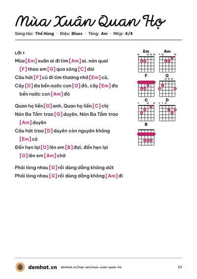 Hợp âm Mùa Xuân Quan Họ (Trọng Tấn) – bản nhạc PDF trang 1, tông Am