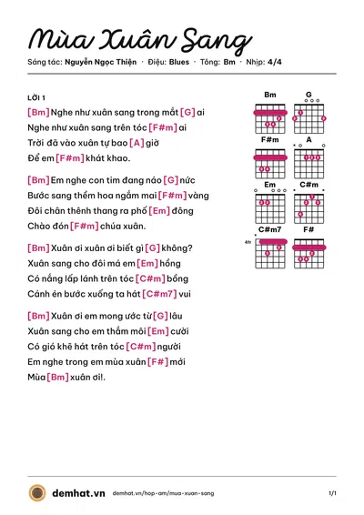 Hợp âm Mùa Xuân Sang (Mắt Ngọc) – bản nhạc PDF trang 1, tông Bm