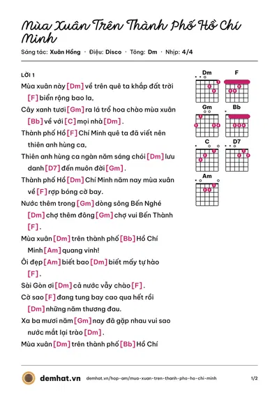 Hợp âm Mùa Xuân Trên Thành Phố Hồ Chí Minh (Như Quỳnh) – bản nhạc PDF trang 1, tông Dm