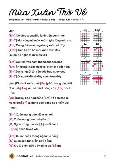 Hợp âm Mùa Xuân Trở Về (Hari Won) – bản nhạc PDF trang 1, tông Em