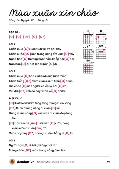 Hợp âm Mùa xuân xin chào (Thái Hiền (trước 75)) – bản nhạc PDF trang 1, tông G