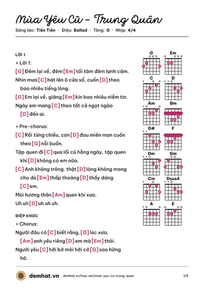 Hợp âm Mùa Yêu Cũ - Trung Quân (Trung Quân) – bản nhạc PDF trang 1, tông G