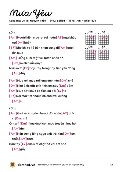 Hợp âm Mưa Yêu (Carol Thủy) – bản nhạc PDF trang 1, tông Am