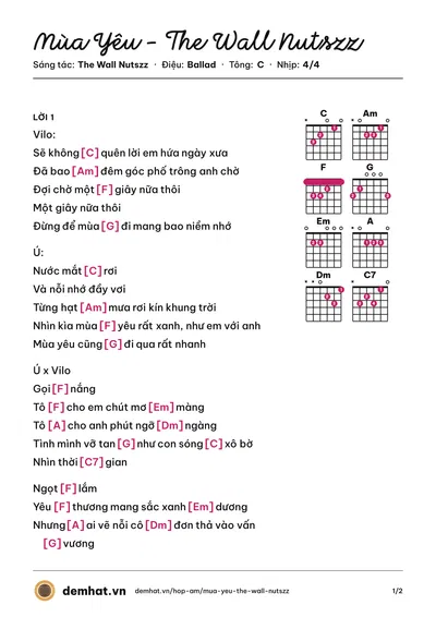 Hợp âm Mùa Yêu - The Wall Nutszz (The Wall Nutszz) – bản nhạc PDF trang 1, tông C