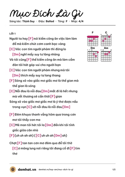 Hợp âm Mục Đích Là Gì (Thịnh Suy) – bản nhạc PDF trang 1, tông F