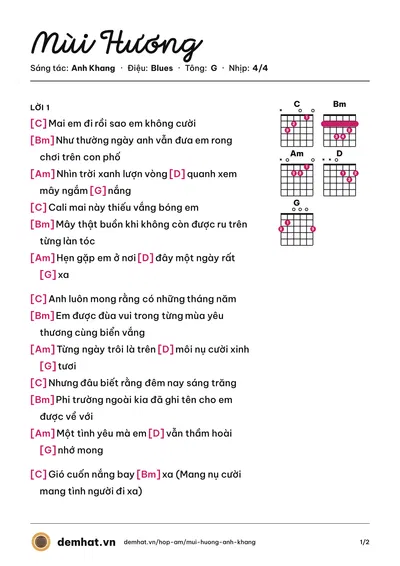 Hợp âm Mùi Hương (Anh Khang) – bản nhạc PDF trang 1, tông G