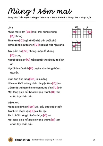 Hợp âm Mùng 1 sớm mai (Tuấn Cry) – bản nhạc PDF trang 1, tông Em