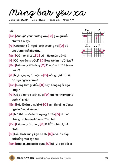 Hợp âm Mùng bar yêu xa (OSAD) – bản nhạc PDF trang 1, tông Em