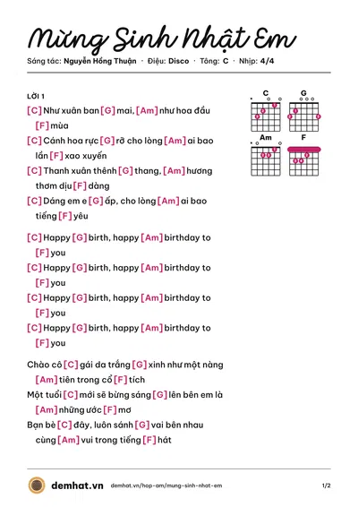 Hợp âm Mừng Sinh Nhật Em (MTV) – bản nhạc PDF trang 1, tông C