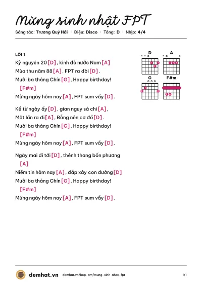 Hợp âm Mừng sinh nhật FPT (FPT) – bản nhạc PDF trang 1, tông D