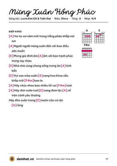 Hợp âm Mừng Xuân Hồng Phúc (Tuấn Đạt) – bản nhạc PDF trang 1, tông A