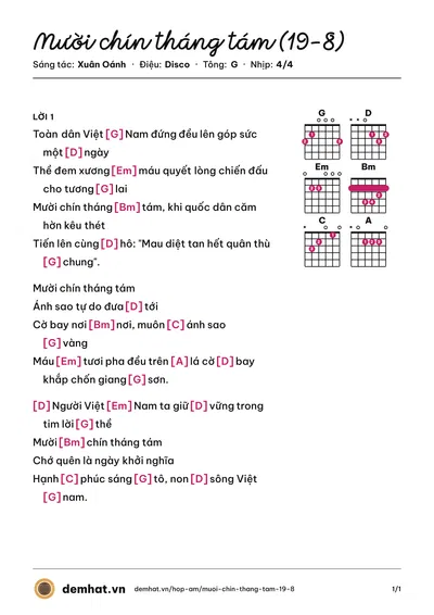 Hợp âm Mười chín tháng tám (19-8) (Tốp Ca) – bản nhạc PDF trang 1, tông G
