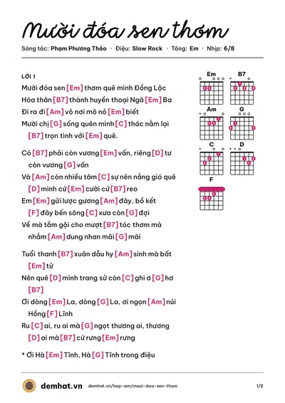 Hợp âm Mười đóa sen thơm (Phạm Phương Thảo) – bản nhạc PDF trang 1, tông Em