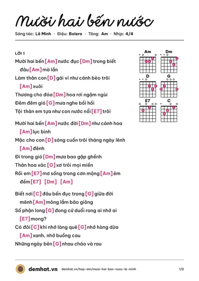 Hợp âm Mười hai bến nước (Phi Nhung) – bản nhạc PDF trang 1, tông Am