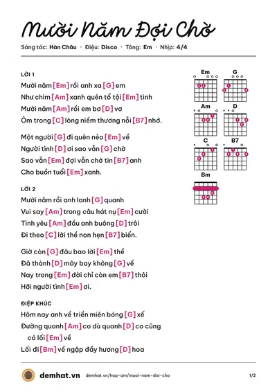 Hợp âm Mười Năm Đợi Chờ (Mạnh Quỳnh) – bản nhạc PDF trang 1, tông Em