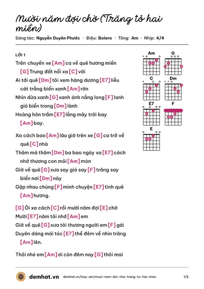 Hợp âm Mười năm đợi chờ (Trăng tỏ hai miền) (Nguyễn Duyên Phước) – bản nhạc PDF trang 1, tông Am