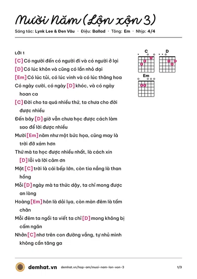 Hợp âm Mười Năm (Lộn xộn 3) (Đen Vâu) – bản nhạc PDF trang 1, tông Em