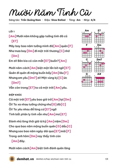Hợp âm Mười Năm Tình Cũ (Elvis Phương) – bản nhạc PDF trang 1, tông Am