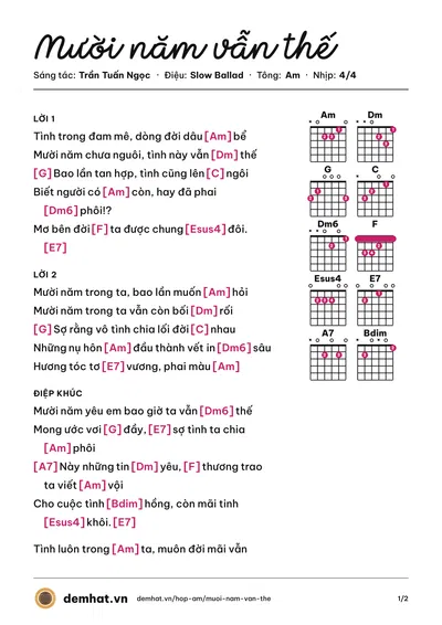 Hợp âm Mười năm vẫn thế (Minh Phương) – bản nhạc PDF trang 1, tông Am