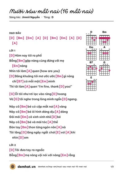 Hợp âm Mười sáu mắt nai (16 mắt nai) (Jimmii Nguyễn) – bản nhạc PDF trang 1, tông D