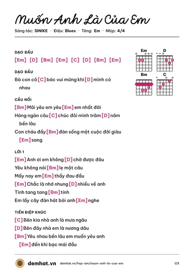 Hợp âm Muốn Anh Là Của Em (KIỀU TRANG) – bản nhạc PDF trang 1, tông Em