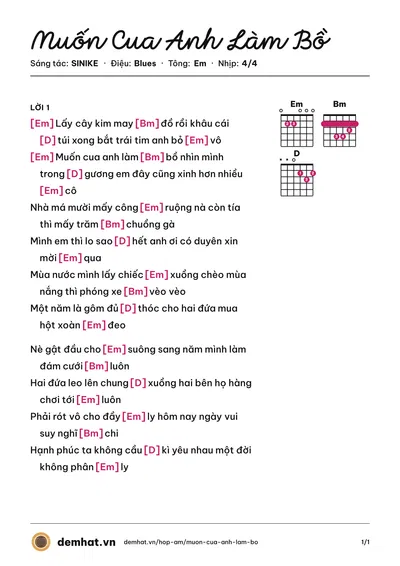 Hợp âm Muốn Cua Anh Làm Bồ (Dương Ái Vy) – bản nhạc PDF trang 1, tông Em