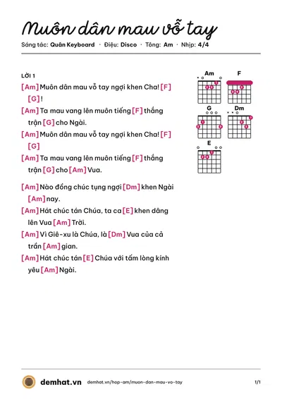 Hợp âm Muôn dân mau vỗ tay (Quân Keyboard) – bản nhạc PDF trang 1, tông Am