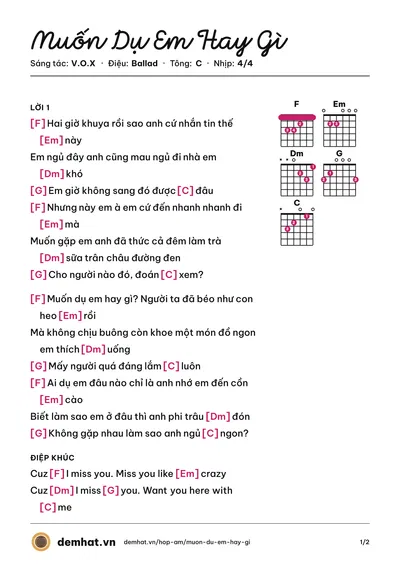 Hợp âm Muốn Dụ Em Hay Gì (V.O.X) – bản nhạc PDF trang 1, tông C