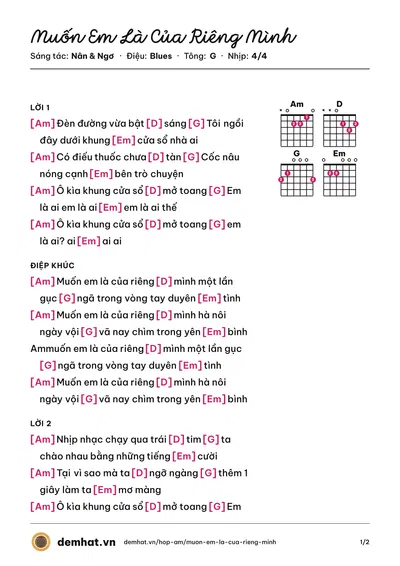 Hợp âm Muốn Em Là Của Riêng Mình (Ngơ) – bản nhạc PDF trang 1, tông G