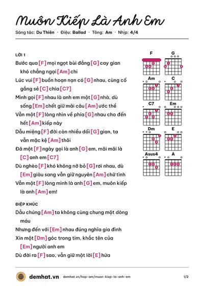 Hợp âm Muôn Kiếp Là Anh Em (Du Thiên) – bản nhạc PDF trang 1, tông Am