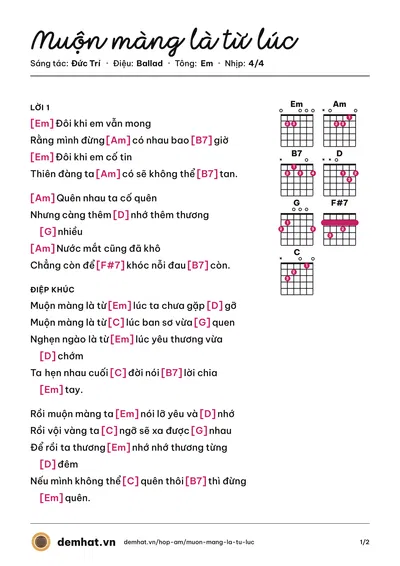 Hợp âm Muộn màng là từ lúc (Mỹ Tâm) – bản nhạc PDF trang 1, tông Em