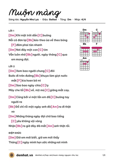 Hợp âm Muộn màng (Yến Nhi) – bản nhạc PDF trang 1, tông Dm
