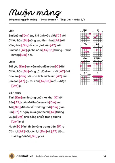 Hợp âm Muộn màng (Nguyễn Quang) – bản nhạc PDF trang 1, tông Dm