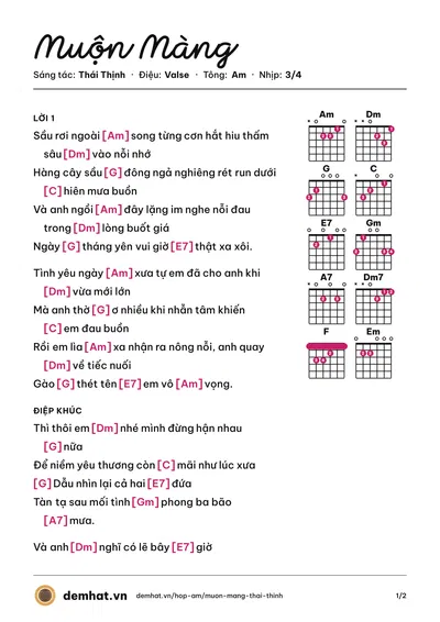 Hợp âm Muộn Màng (Dương Triệu Vũ) – bản nhạc PDF trang 1, tông Am