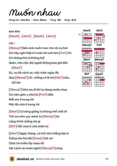 Hợp âm Muốn nhau (Gia Gia) – bản nhạc PDF trang 1, tông Db