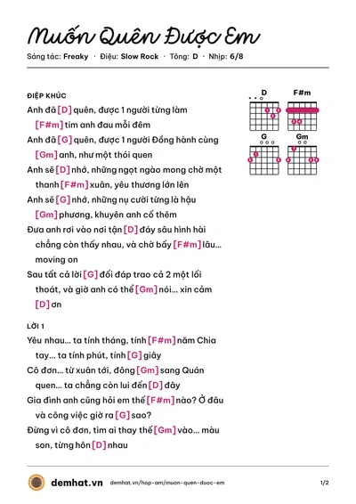 Hợp âm Muốn Quên Được Em (Freaky) – bản nhạc PDF trang 1, tông D