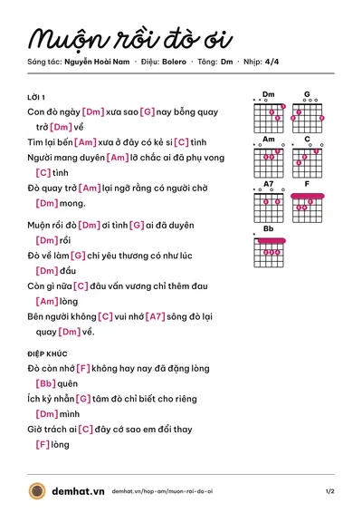 Hợp âm Muộn rồi đò ơi (Khánh Nguyễn) – bản nhạc PDF trang 1, tông Dm