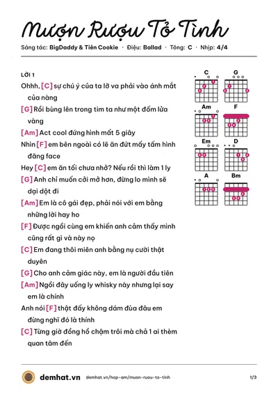 Hợp âm Mượn Rượu Tỏ Tình (BigDaddy) – bản nhạc PDF trang 1, tông C