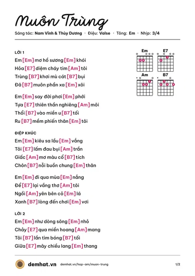 Hợp âm Muôn Trùng (Nam Vĩnh) – bản nhạc PDF trang 1, tông Em