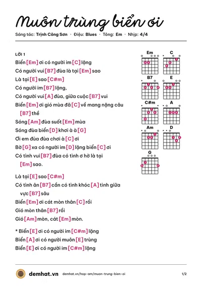 Hợp âm Muôn trùng biển ơi (Trịnh Vĩnh Trinh) – bản nhạc PDF trang 1, tông Em